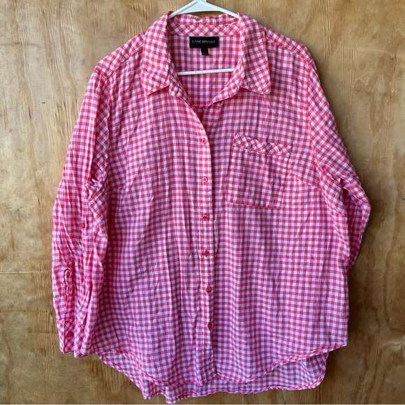 Lane Bryant Pink Plaid Seersucker Gingham Long Sleeve button down Collared shirt - Picture 12 of 12